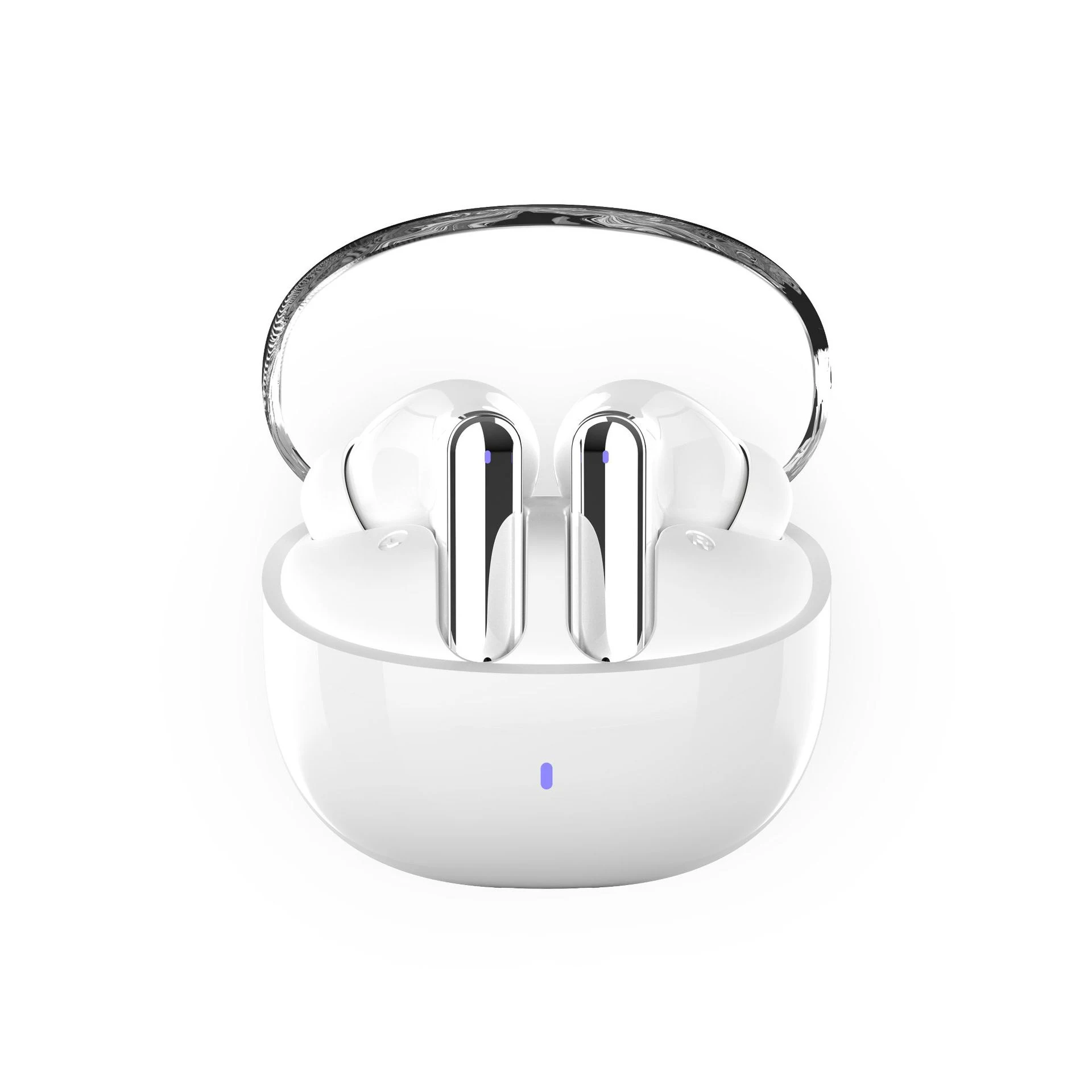 W901 Silver earbuds in an open white charging case